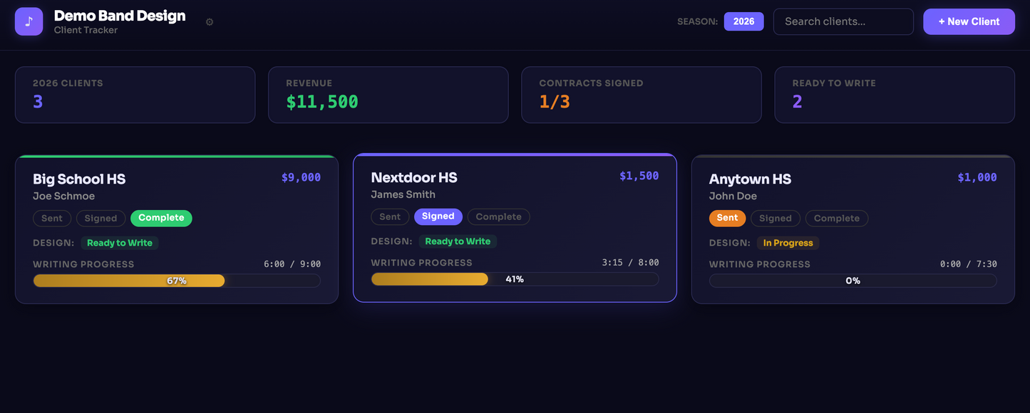 Marching Band Designer Tracking Application