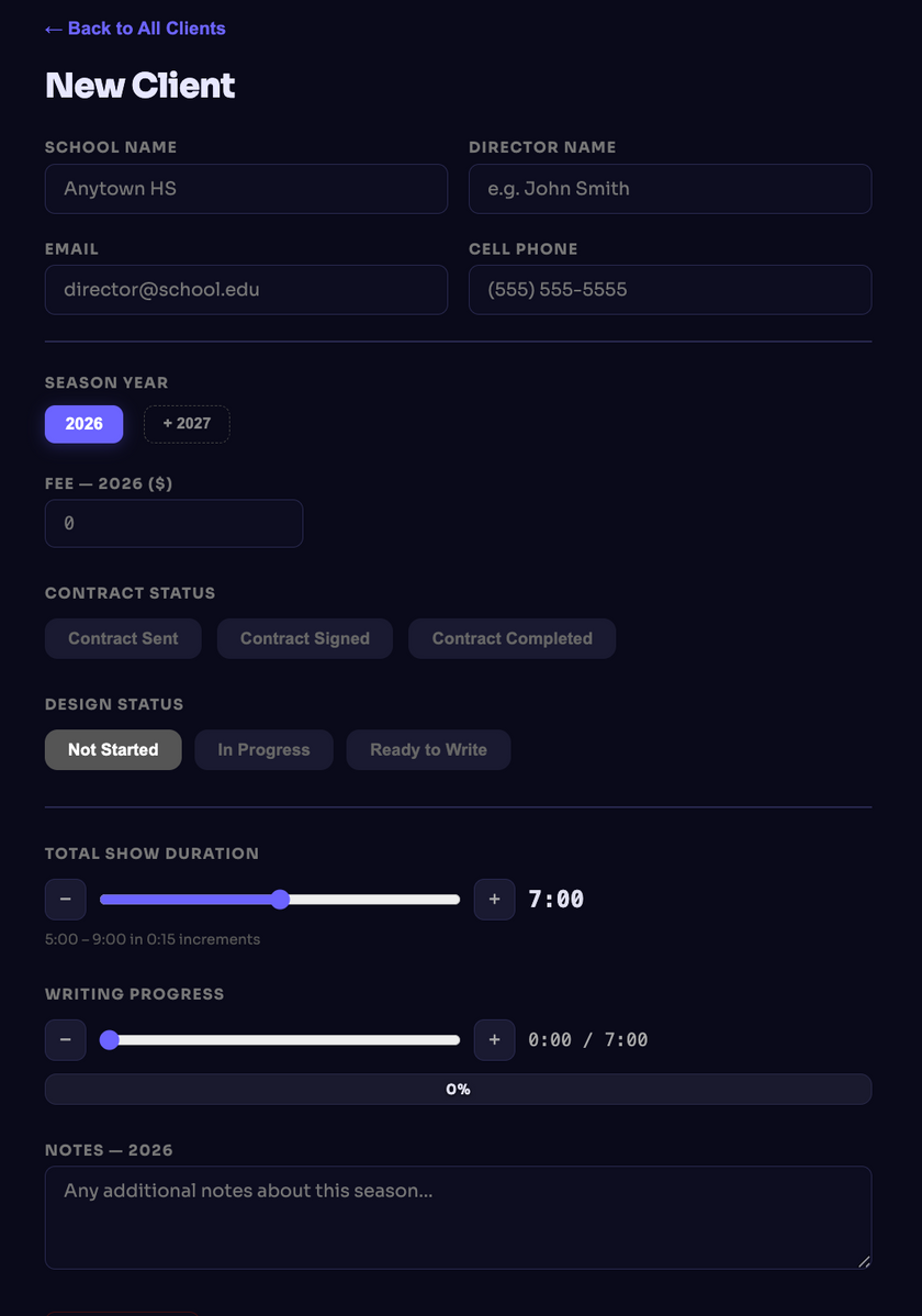 Marching Band Designer Tracking Application